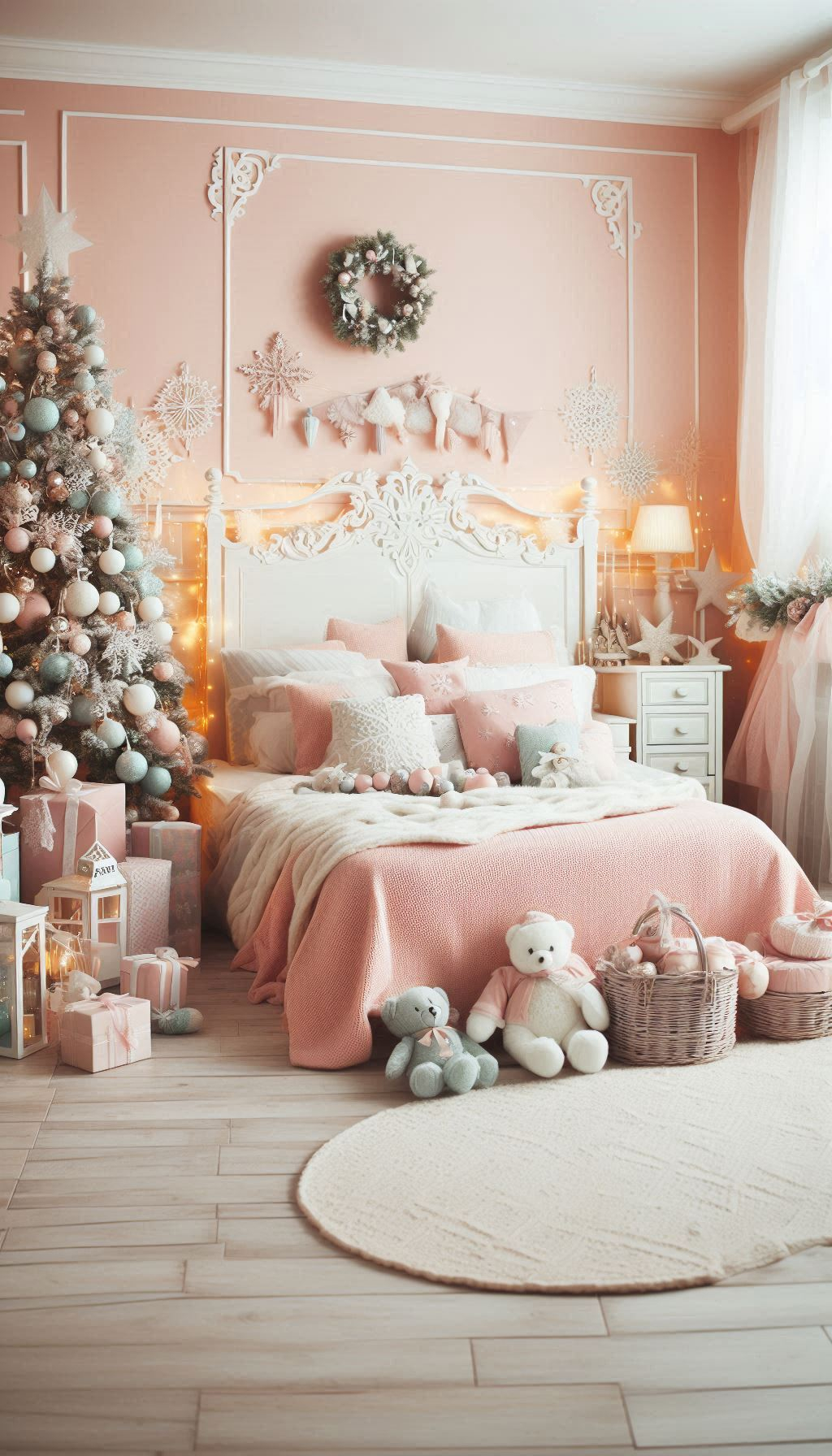 Create a pastel paradise in your bedroom this Christmas. Gentle hues and festive decor for a dreamy holiday escape!