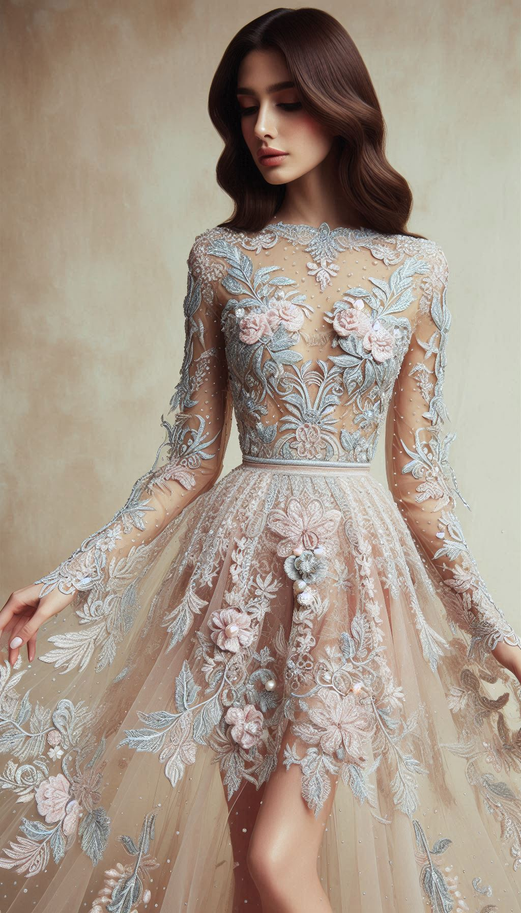 Turn heads in a pastel dress adorned with silver and white embroidery. Fresh, elegant, and fabulously stylish!