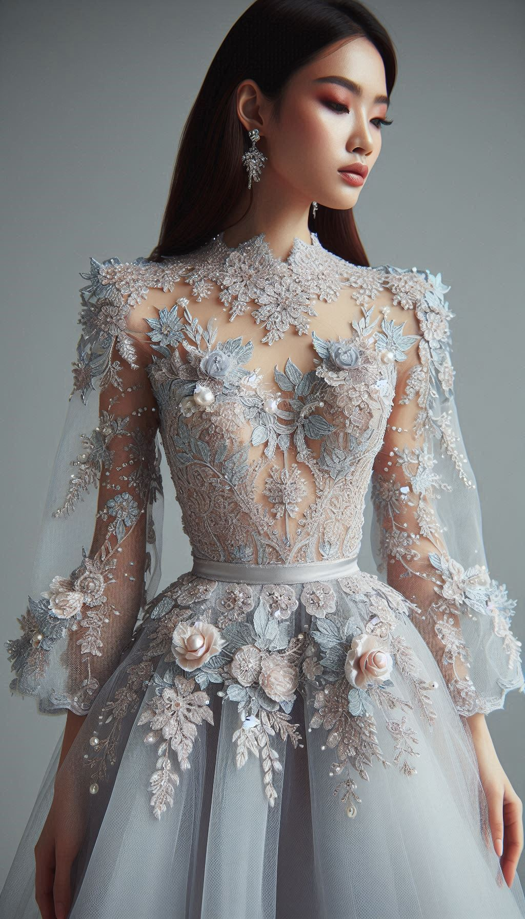 Capture the essence of sophistication with a pastel dress featuring silver and white embroidery. Perfect for adding a touch of elegance to your wardrobe!