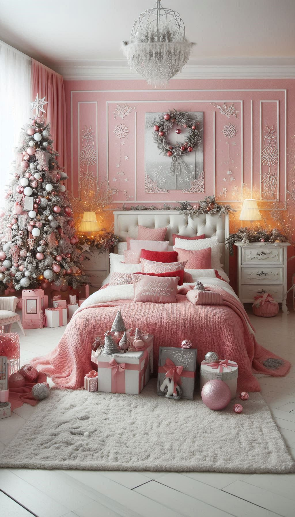 Transform your bedroom into a pink winter wonderland. Perfect for a festive and playful holiday touch!"