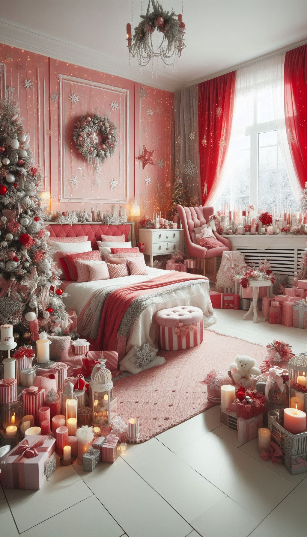 Pink Christmas bedroom decorations add a touch of enchantment. Perfect for creating a cozy, festive retreat!