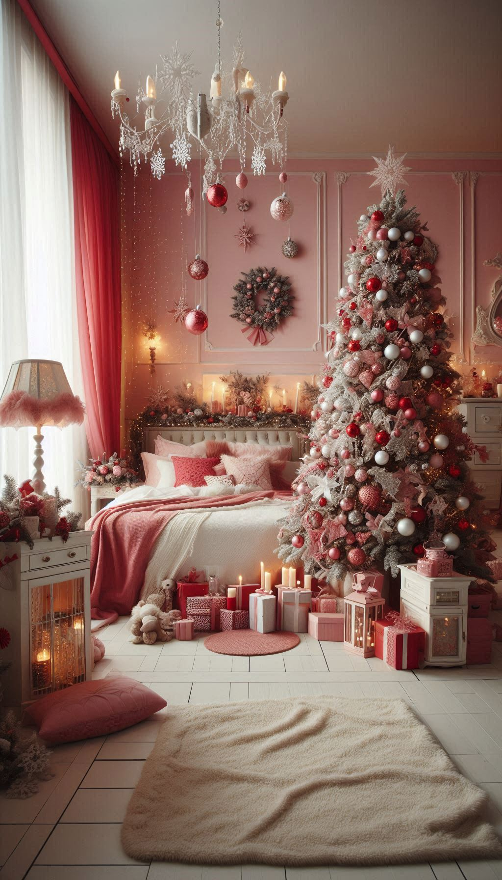 Create a rosy retreat with pink Christmas bedroom decorations. Festive, fun, and fabulously girly!