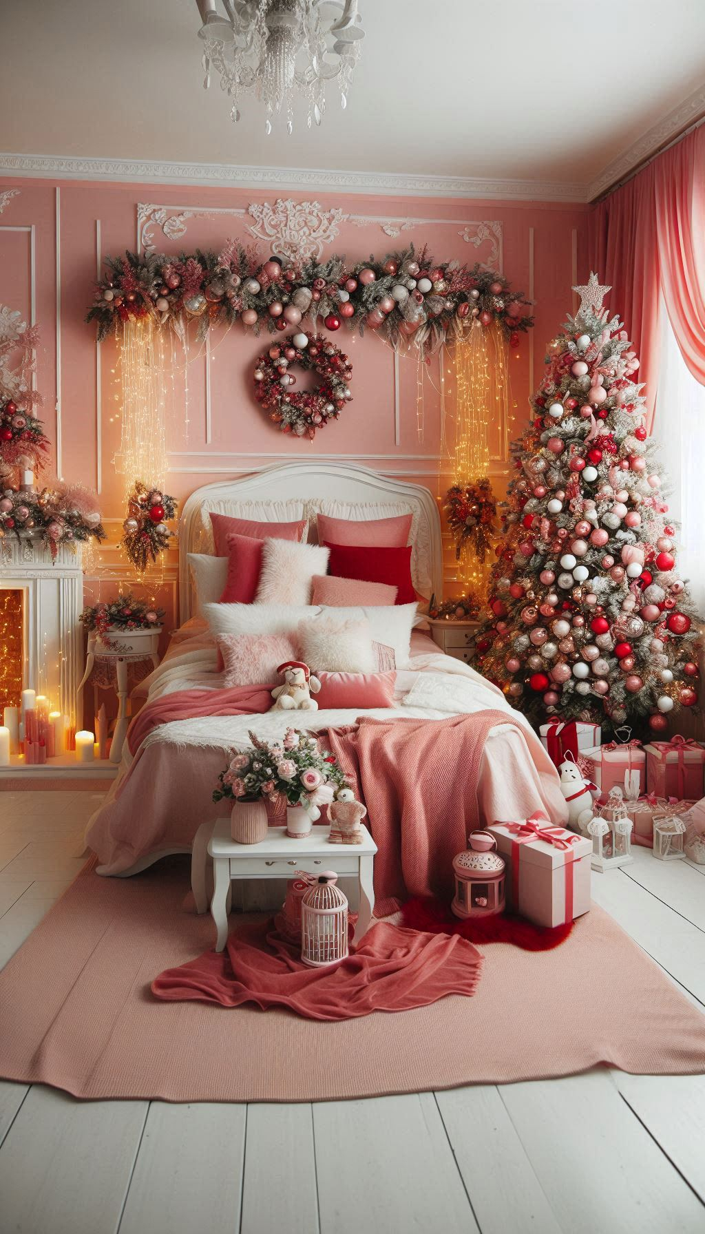 Think pink this Christmas! Brighten your bedroom with cheerful pink decorations for a delightful holiday vibe.