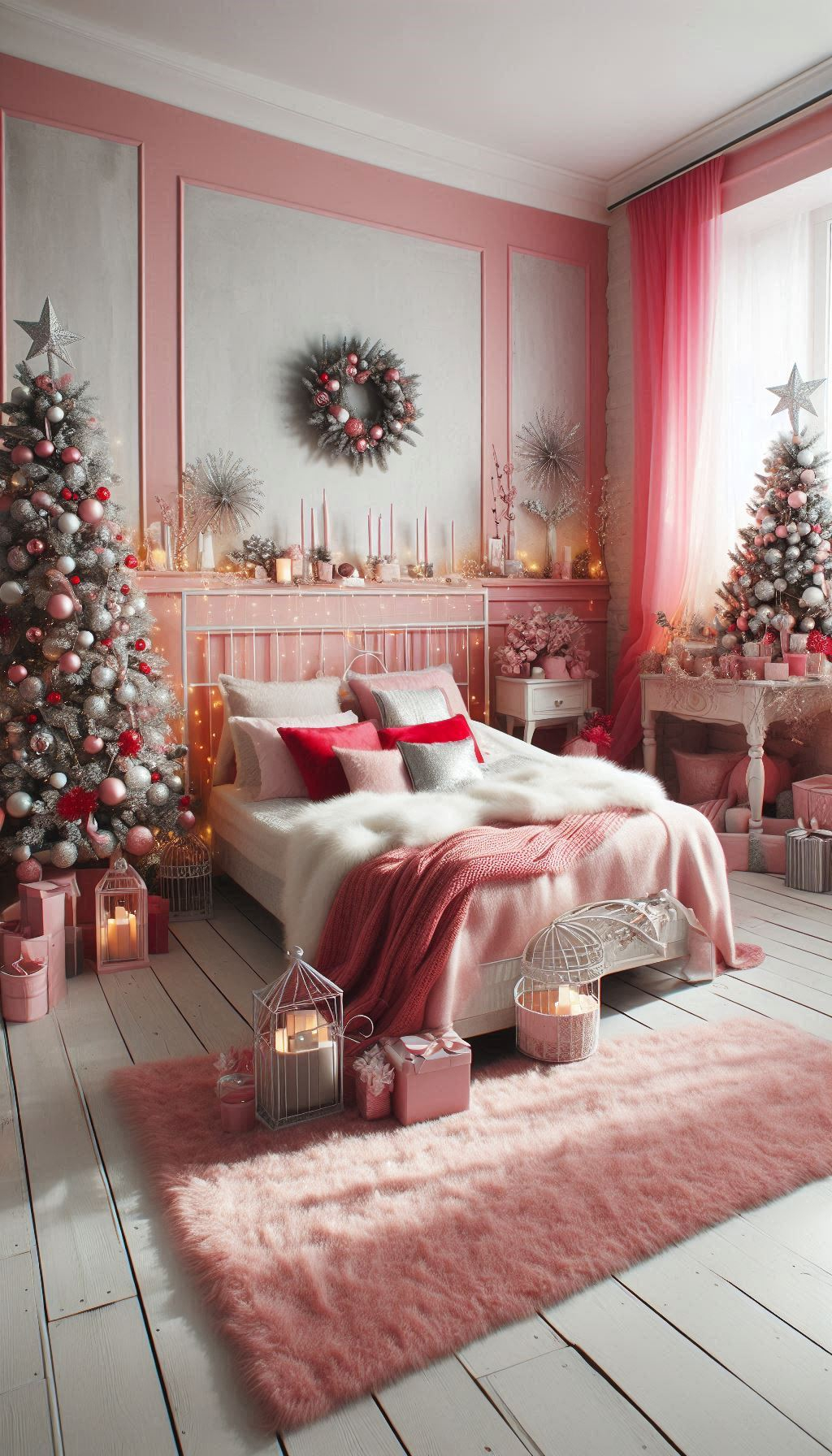 Pink Christmas bedroom decorations bring a playful and festive charm. Perfect for a cozy holiday haven!