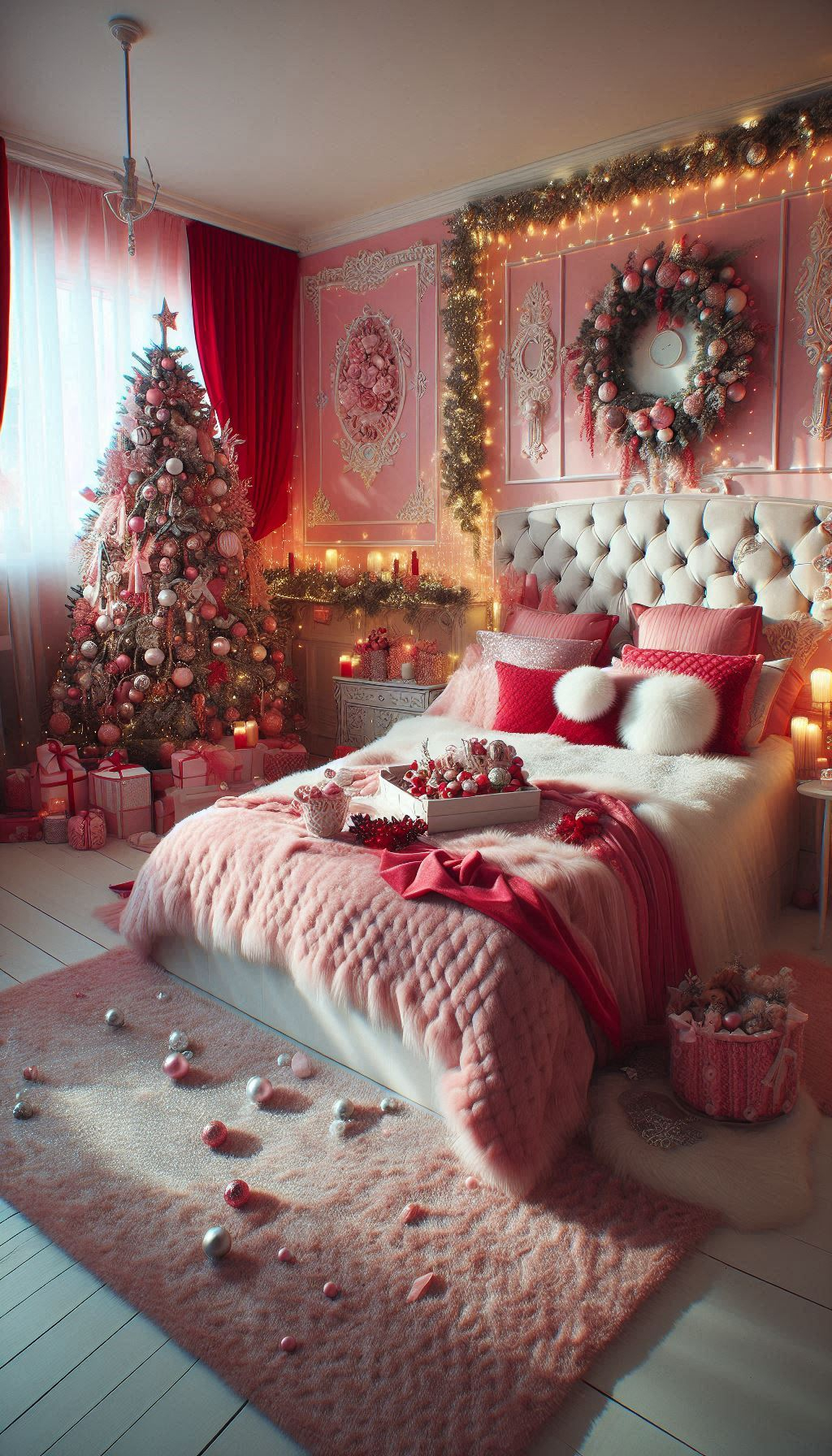 Transform your space with pink Christmas decorations. Your bedroom will look like a rosy holiday wonderland!