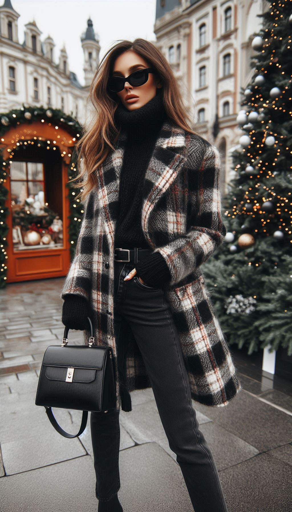 Stay warm and fashionable with a plaid coat and black skinny jeans combo. Perfect for winter strolls or festive gatherings—style meets simplicity!
