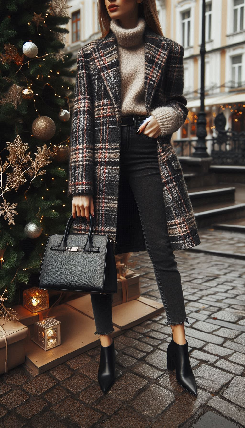 Stay warm and fashionable with a plaid coat and black skinny jeans combo. Perfect for winter strolls or festive gatherings—style meets simplicity!