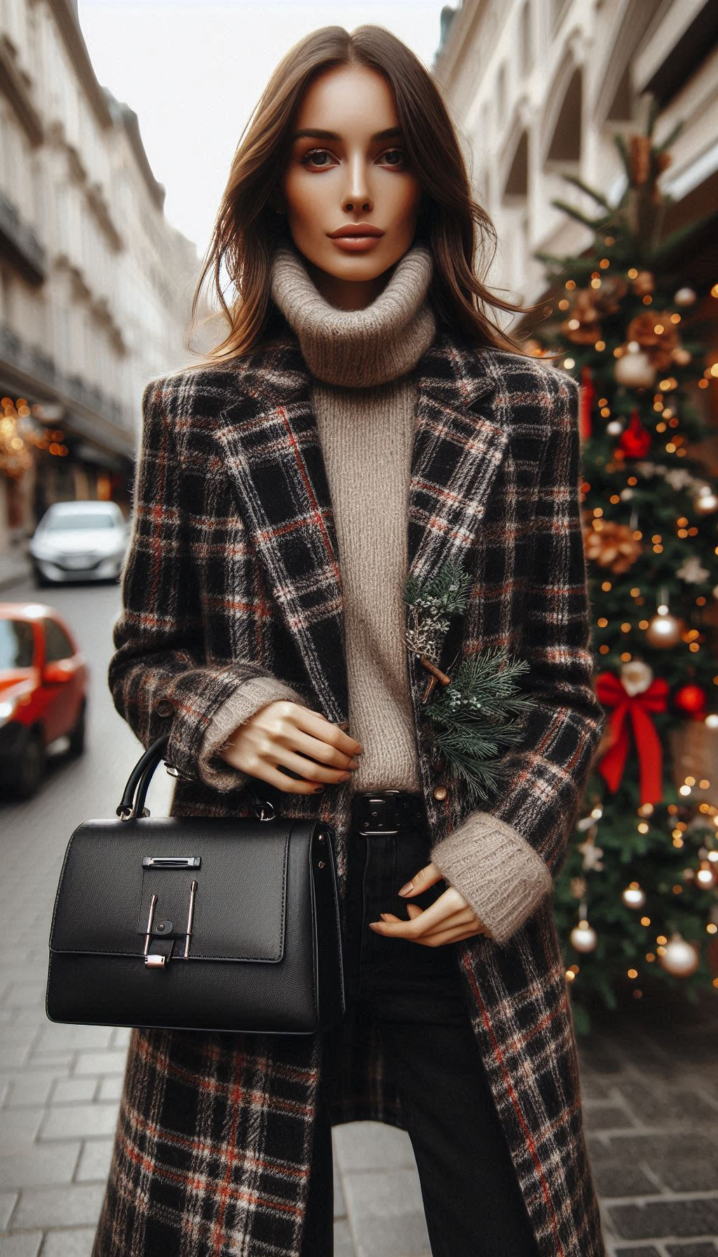 Wrap up in a stylish plaid coat paired with sleek black skinny jeans. A timeless look that’s perfect for any holiday event!
