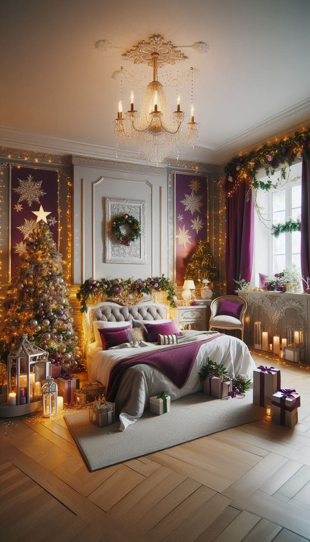 Transform your bedroom into a regal holiday haven with purple Christmas decorations. Sophisticated and festive, perfect for adding a touch of luxury!