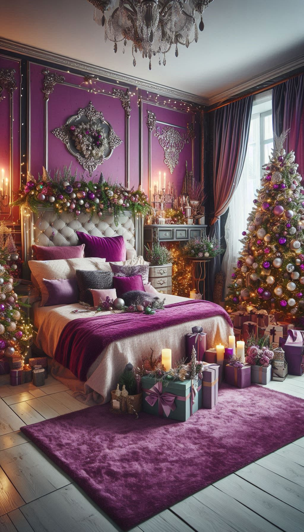 Create a magical, royal retreat with purple Christmas decorations. Your bedroom will feel like a festive palace!
