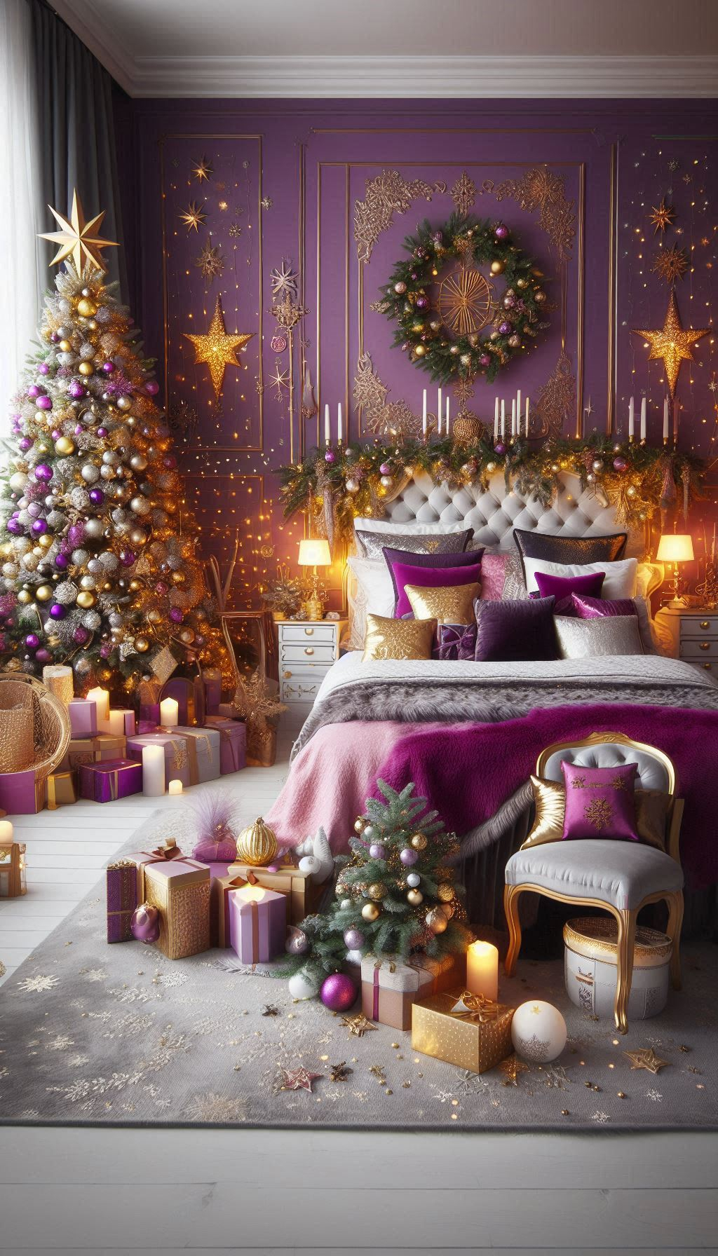 Embrace the elegance of purple Christmas bedroom decorations. Perfect for a cozy and luxurious holiday ambiance!