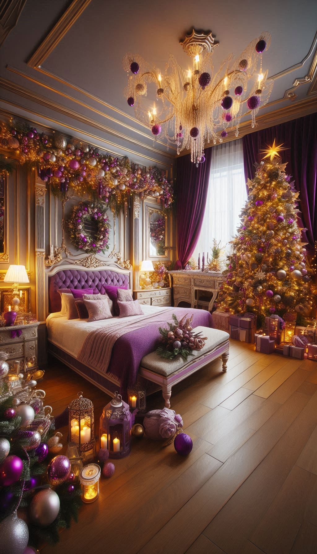 Deck your bedroom in purple for a unique festive twist. Rich, regal, and perfect for the holidays!