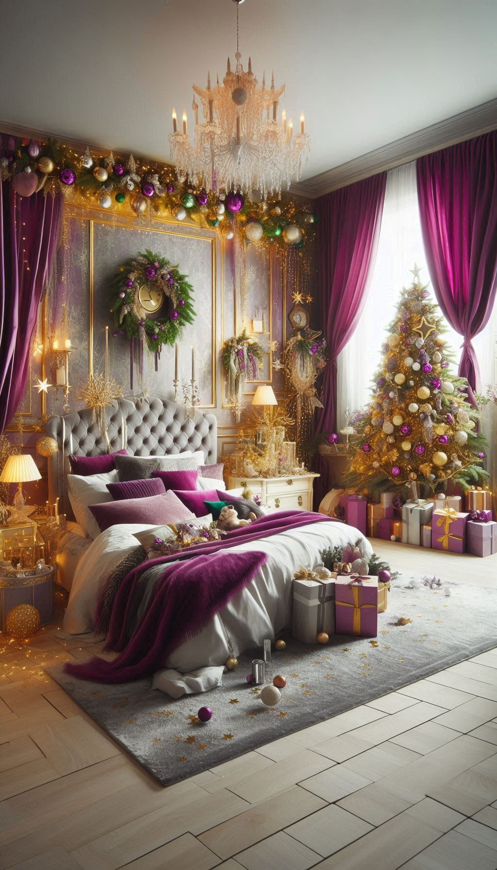 Purple Christmas decorations bring a touch of sophistication to your bedroom. Festive, elegant, and full of holiday magic!