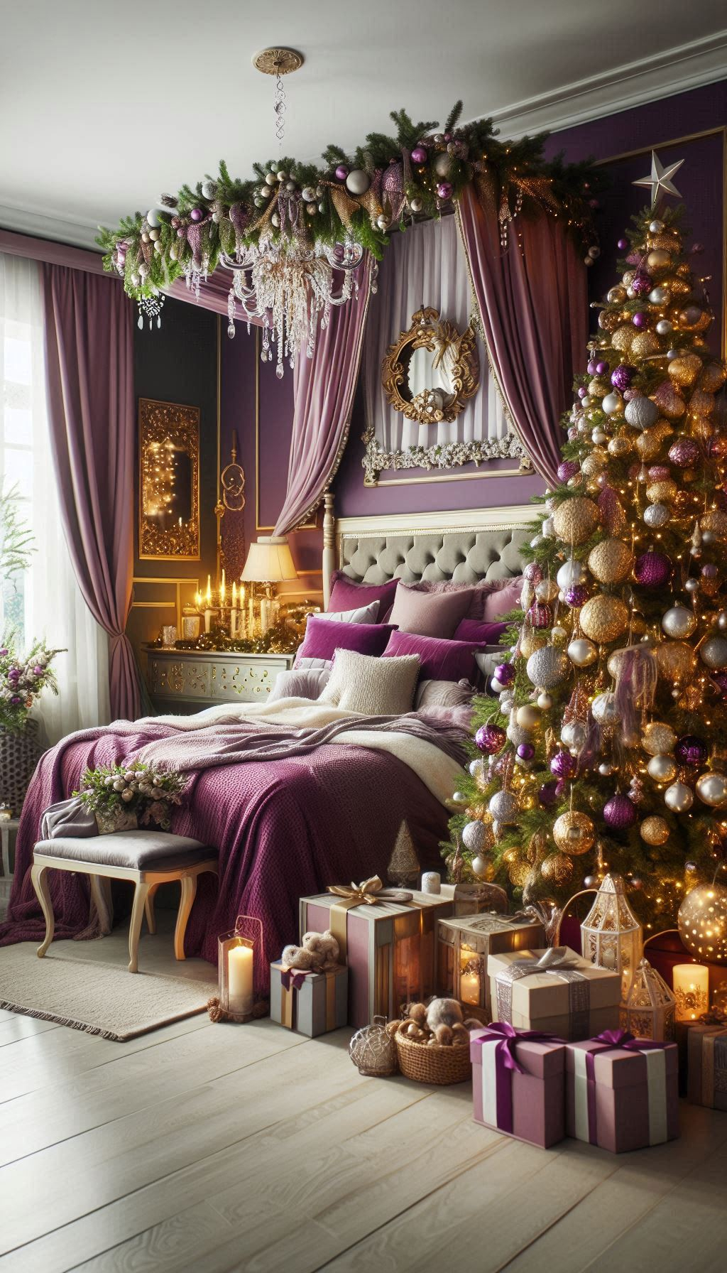 Add some royal charm to your festive decor with purple Christmas bedroom decorations. Elegant, cozy, and magically festive!