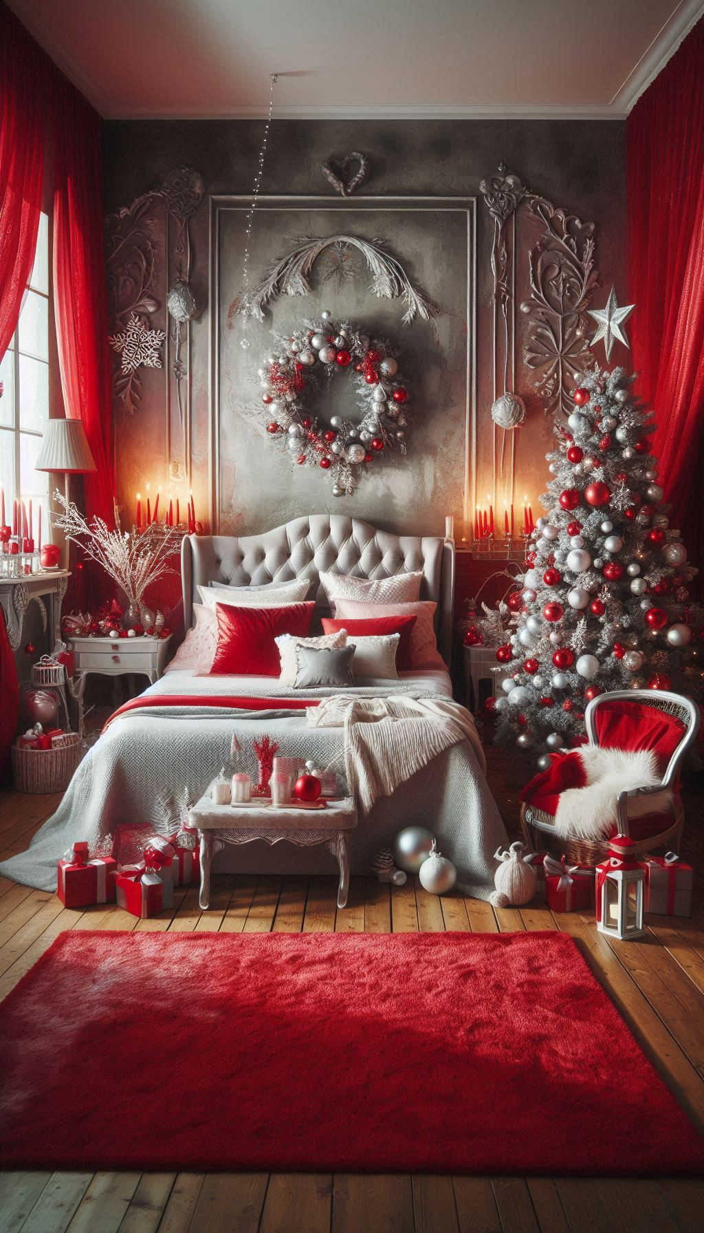 Add a touch of classic holiday magic to your bedroom with red Christmas decorations. Perfect for creating a cozy, festive retreat!