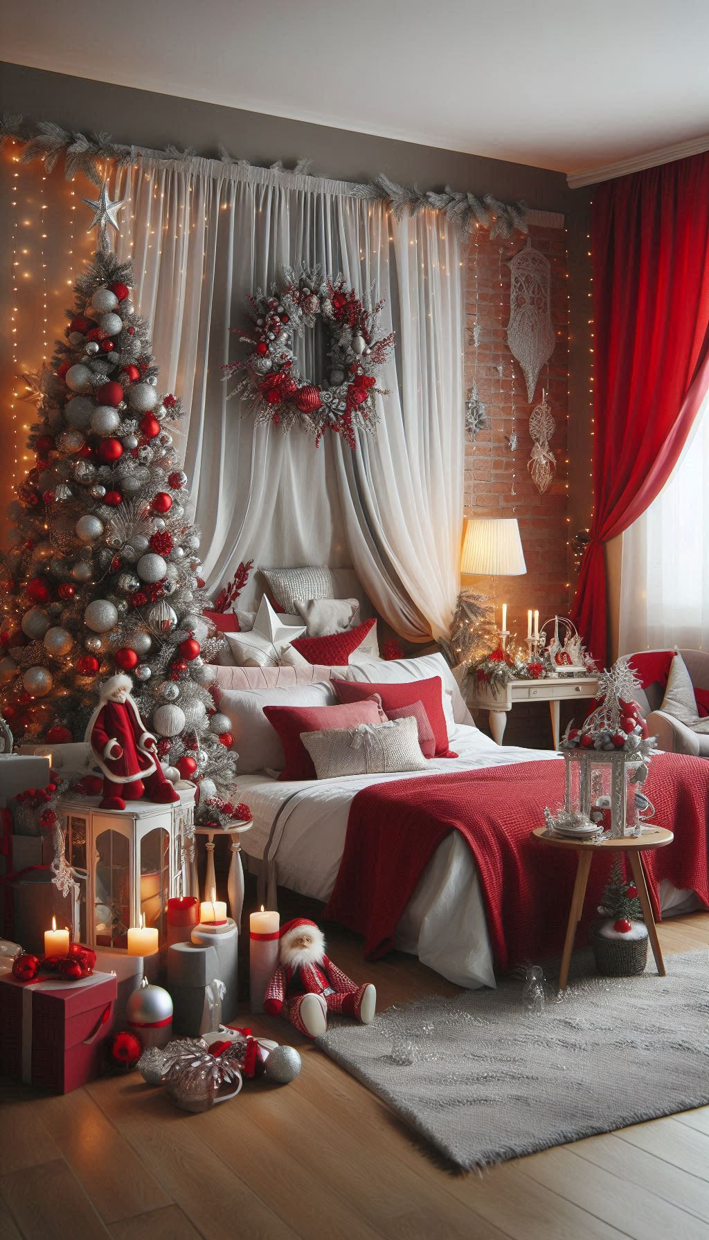 Deck your bedroom in red for a traditional and charming holiday look. Cozy, festive, and perfect for the season!