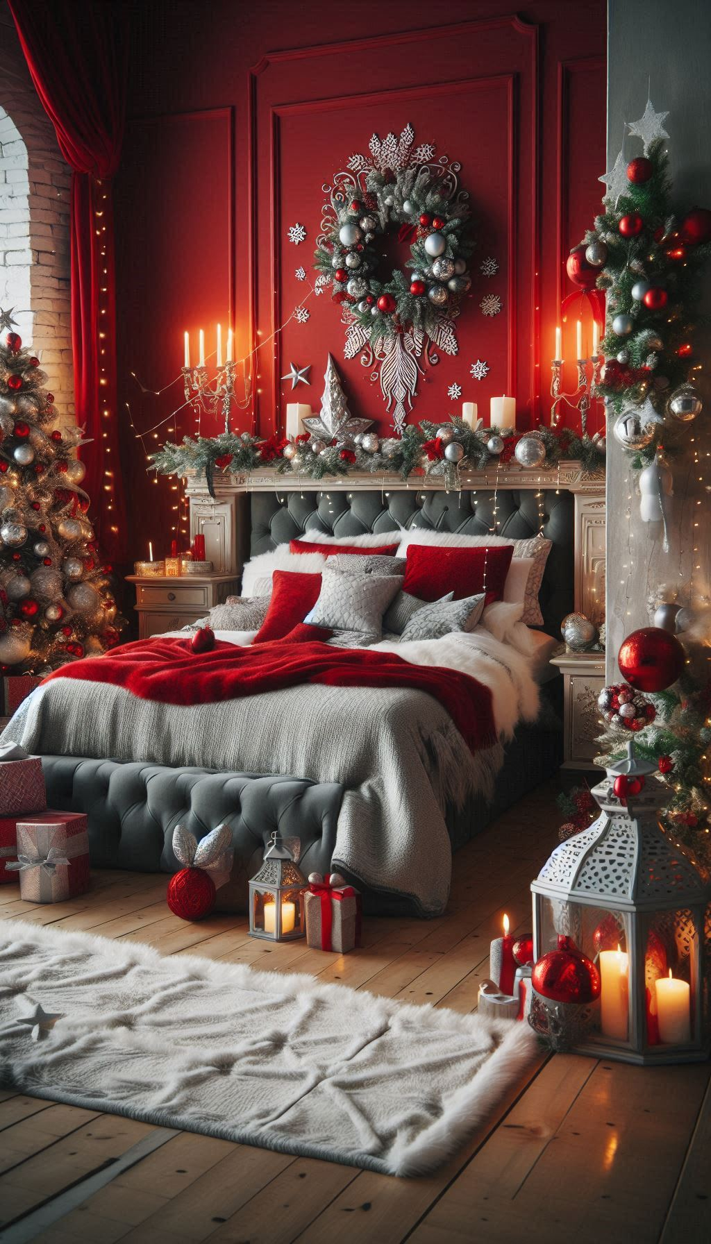 Bring the warmth of the holidays to your bedroom with red Christmas decorations. Festive and inviting for the perfect holiday ambiance!