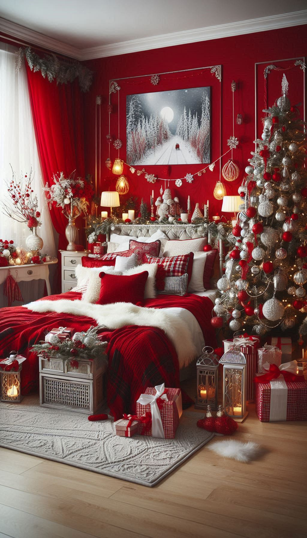 Embrace the spirit of Christmas with red decorations in your bedroom. Classic, cozy, and wonderfully festive!
