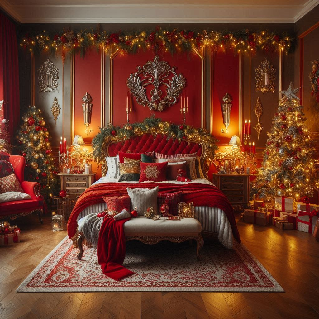 Create a cozy and festive holiday retreat with red Christmas bedroom decorations. Perfect for celebrating the season in style!