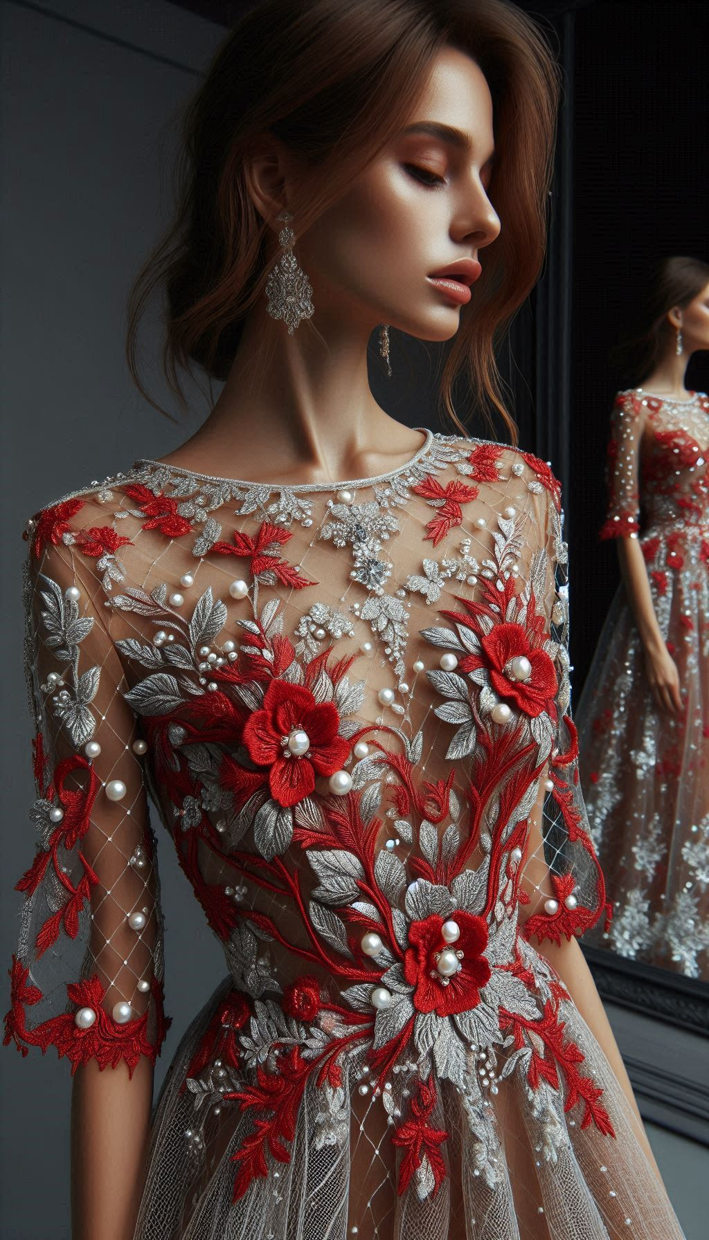 Capture the magic of the season in a red dress with stunning silver embroidery. Perfect for any special occasion!
