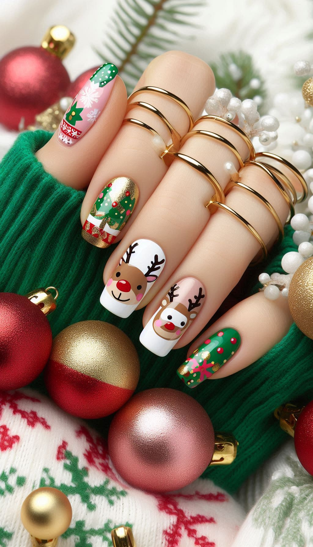 Deck your nails with charming reindeer designs. Perfect for adding a playful touch to your holiday look!
