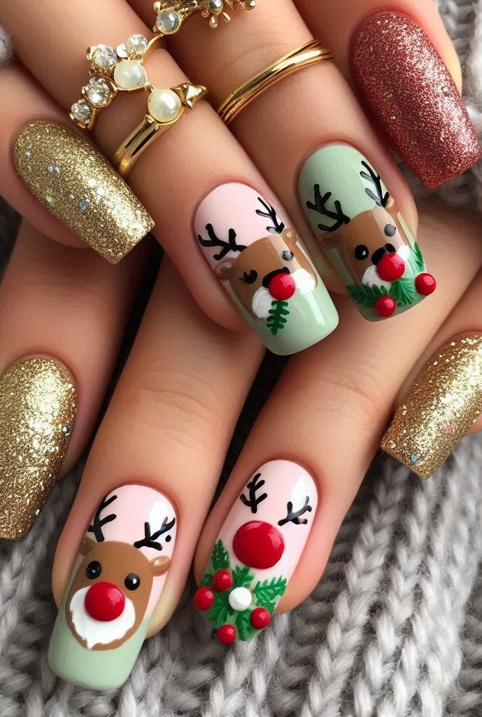 Prance into the holiday spirit with reindeer nail art. These delightful designs bring a touch of whimsy and joy to your Christmas manicure!
