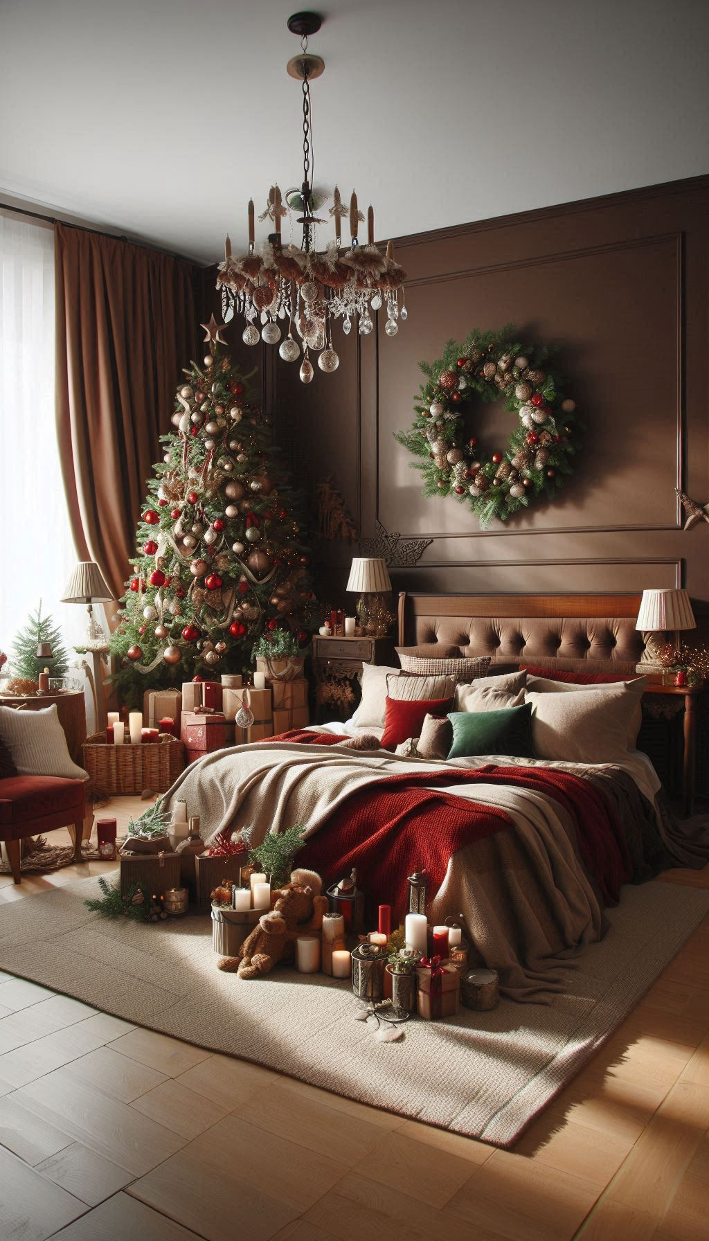 Transform your bedroom into a cozy cabin with rustic-themed Christmas decorations. Think warm woods and charming festive touches!