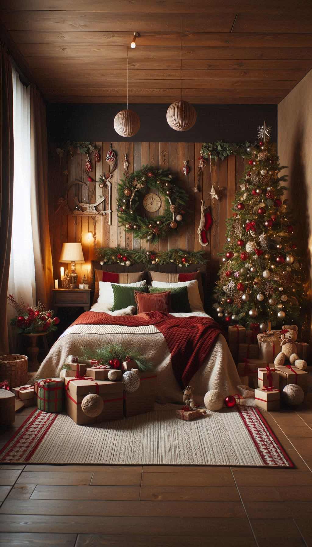 Embrace the warmth and simplicity of rustic Christmas decorations in your bedroom. Perfect for a cozy holiday haven!