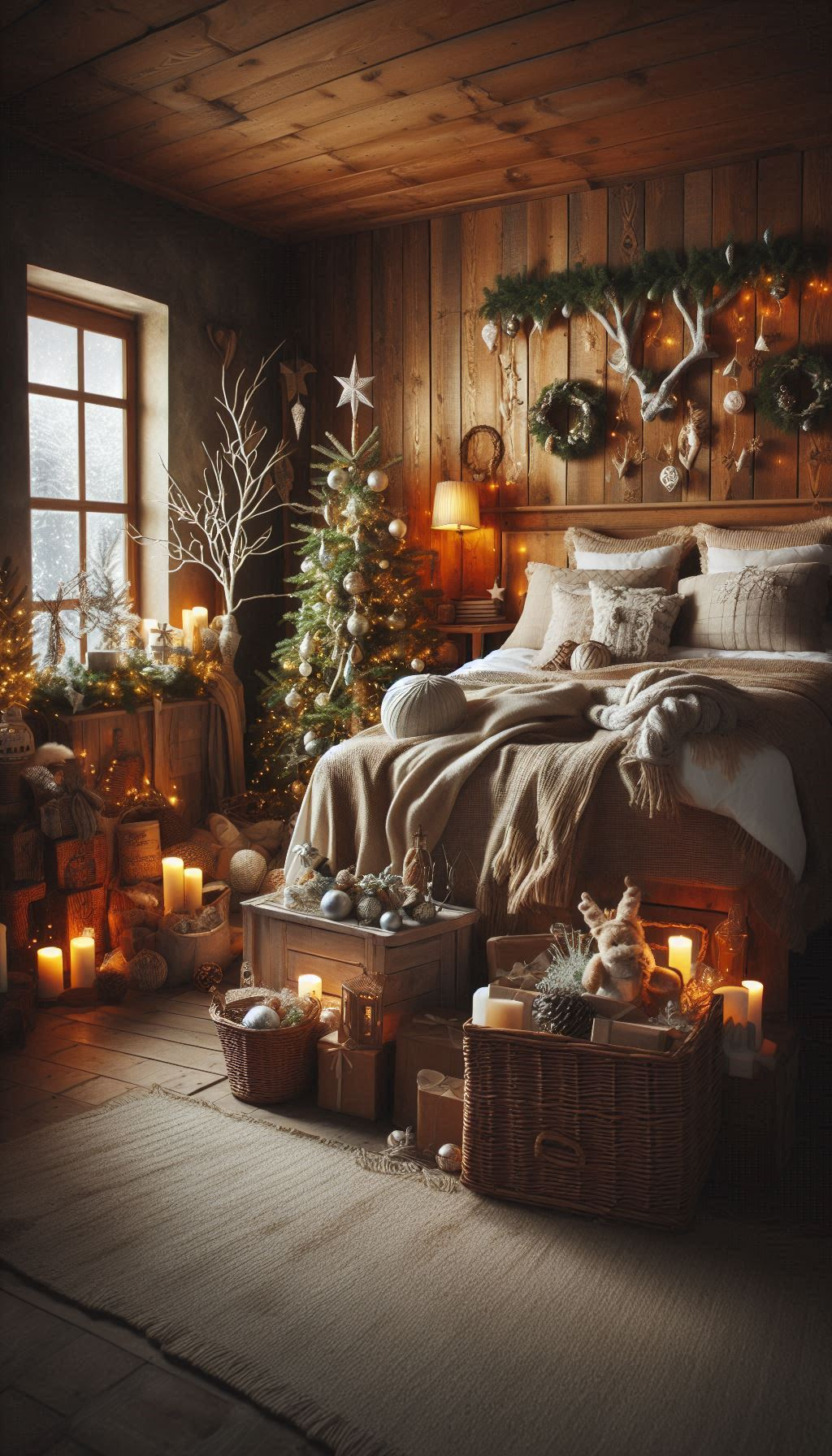Create a homely holiday retreat with rustic-themed Christmas bedroom decor. Perfect for a cozy, country-inspired vibe!