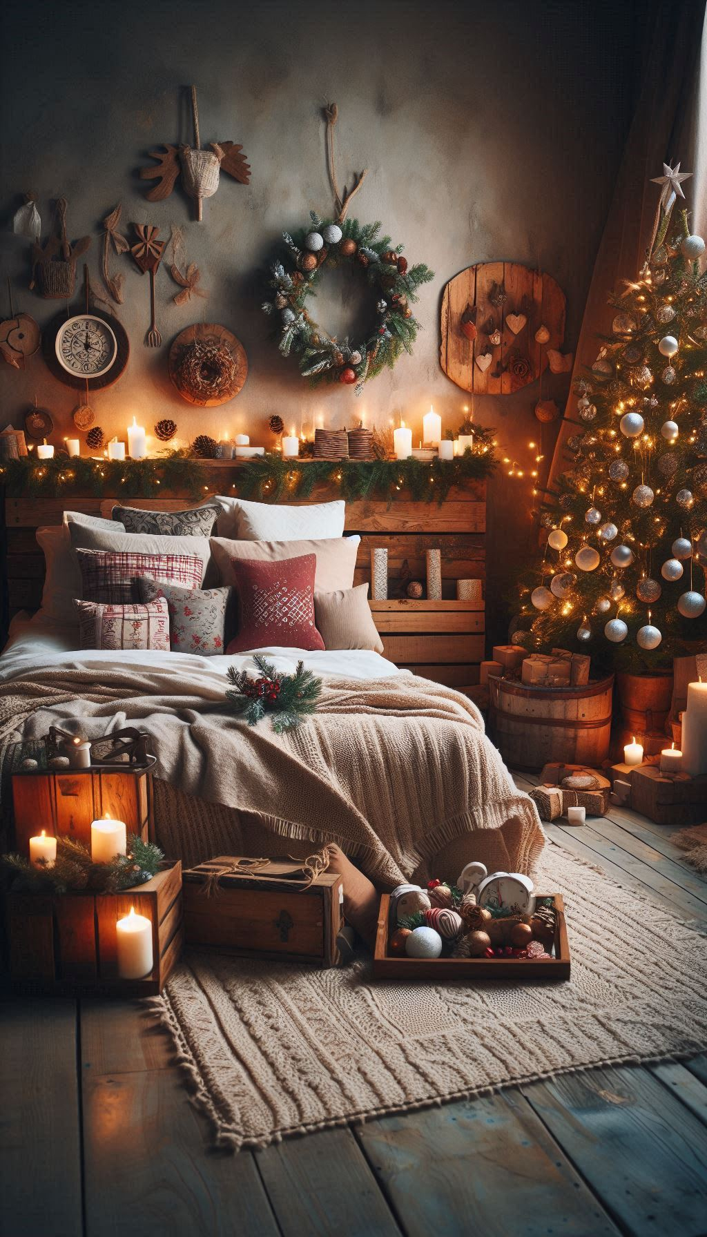 Deck your bedroom with rustic-themed Christmas decor. The perfect mix of warmth, charm, and festive cheer!