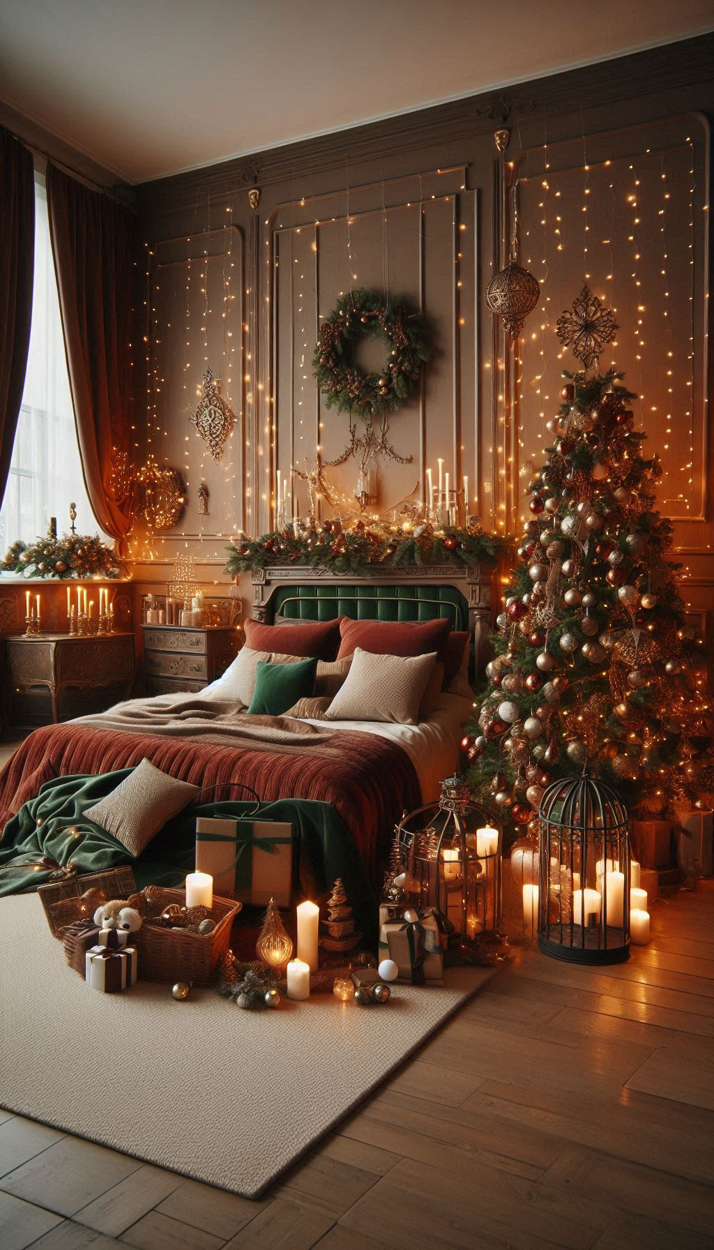 Create a cozy retreat with rustic-themed Christmas bedroom decorations. Simple, charming, and full of holiday warmth!