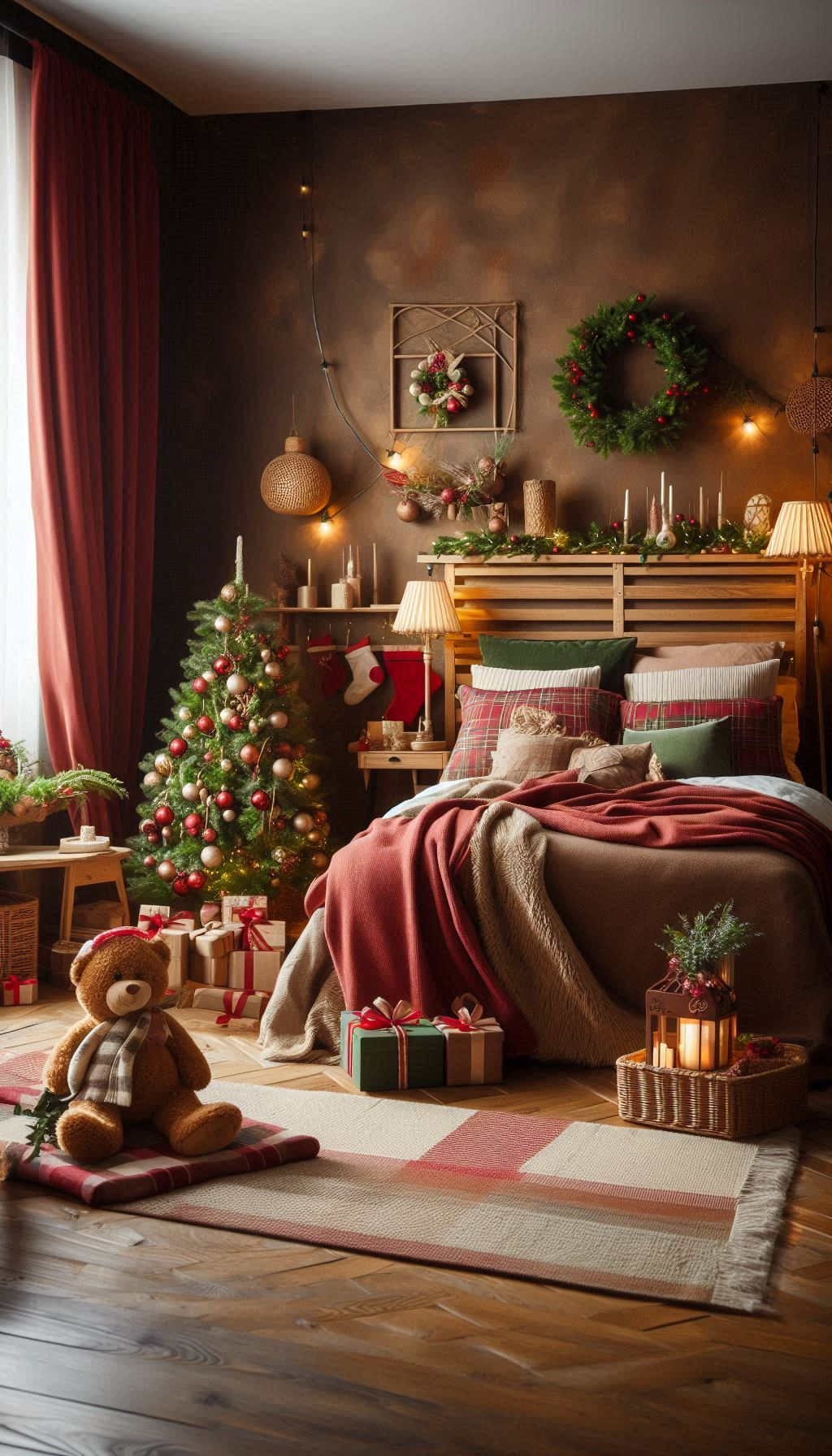 Transform your bedroom into a rustic haven this Christmas. Think natural woods, warm lights, and festive charm!