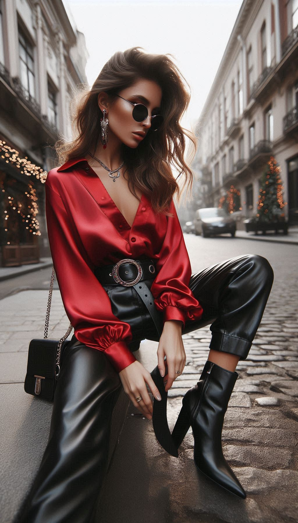 Elevate your holiday style with a luxurious silk red blouse paired with black leather pants. Sophisticated, edgy, and undeniably festive!