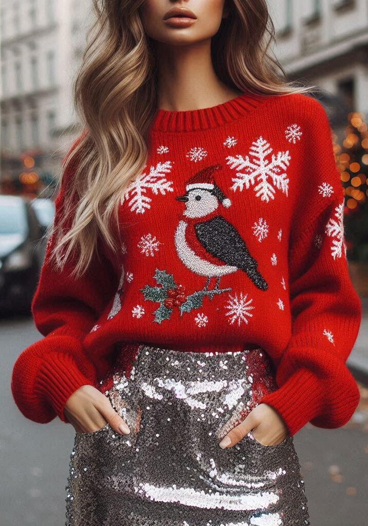 Why choose between cozy and glam when you can have both? A silver sequin skirt with a Christmas-themed sweater is your ultimate holiday outfit hack.