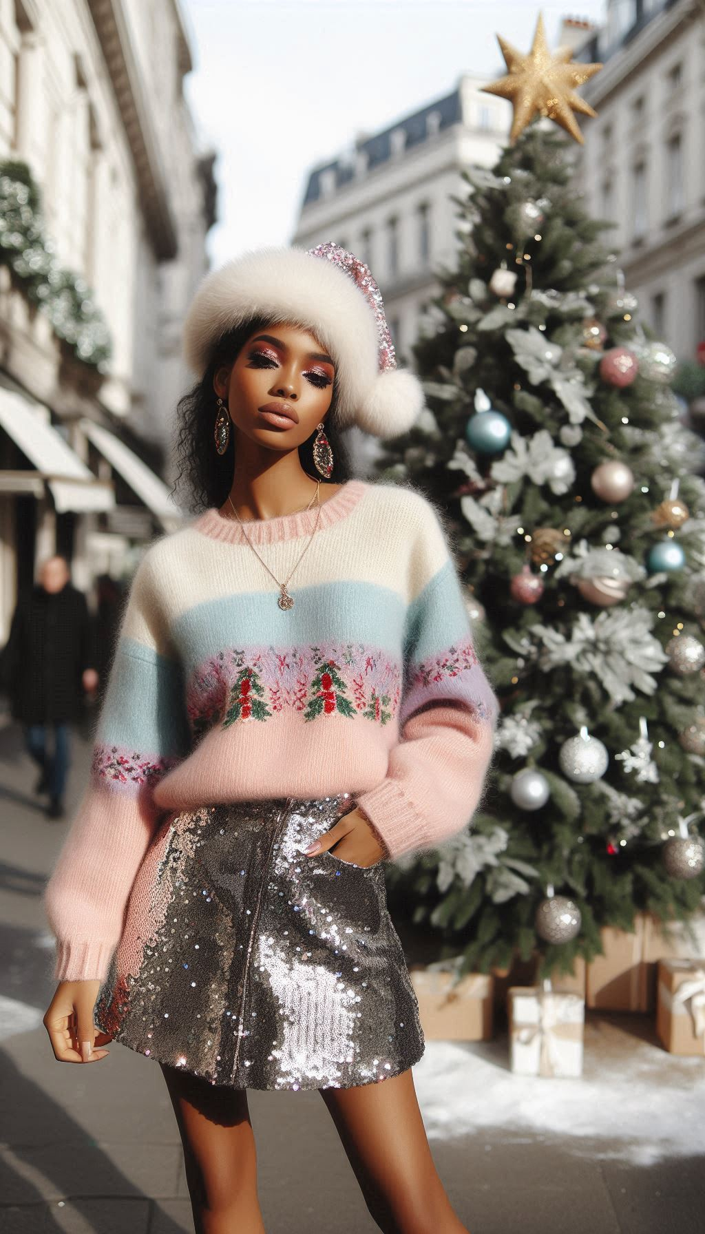 Shine bright like a Christmas star in a silver sequin skirt paired with a cozy themed sweater. It's the perfect mix of festive fun and dazzling style!
