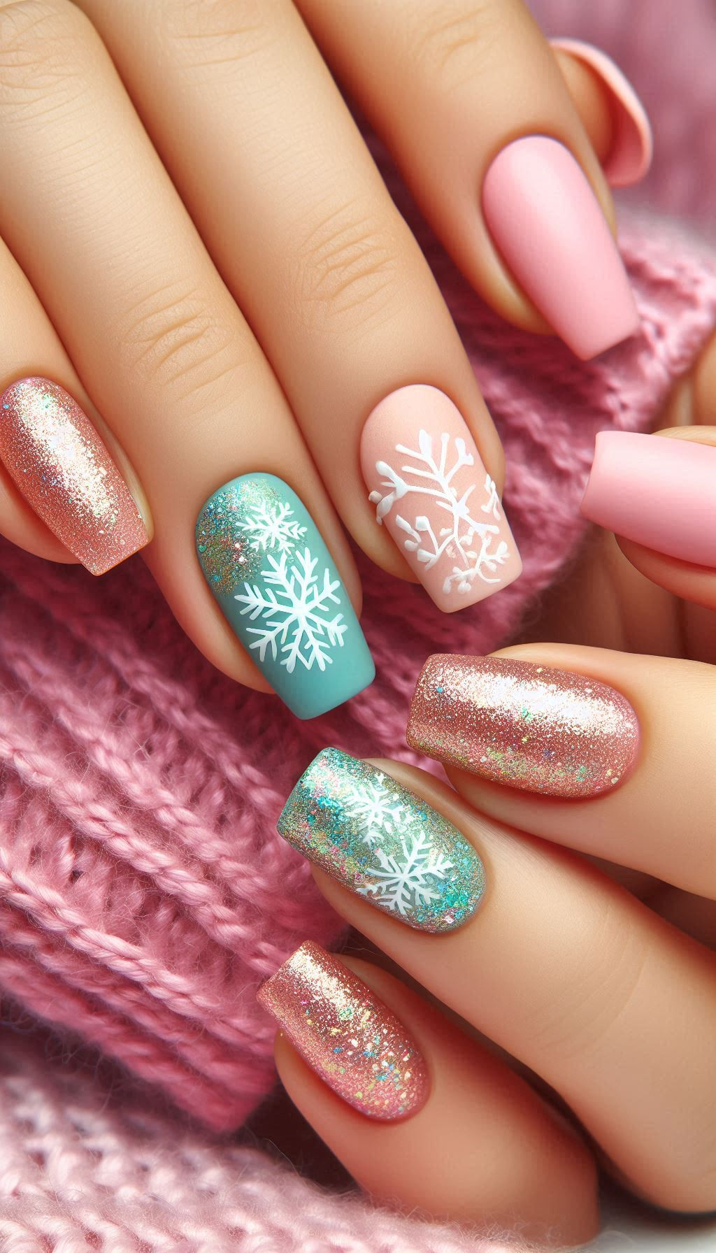 Turn your nails into a winter wonderland with snowflakes and glitter. Perfect for adding a touch of festive sparkle to your holiday look!