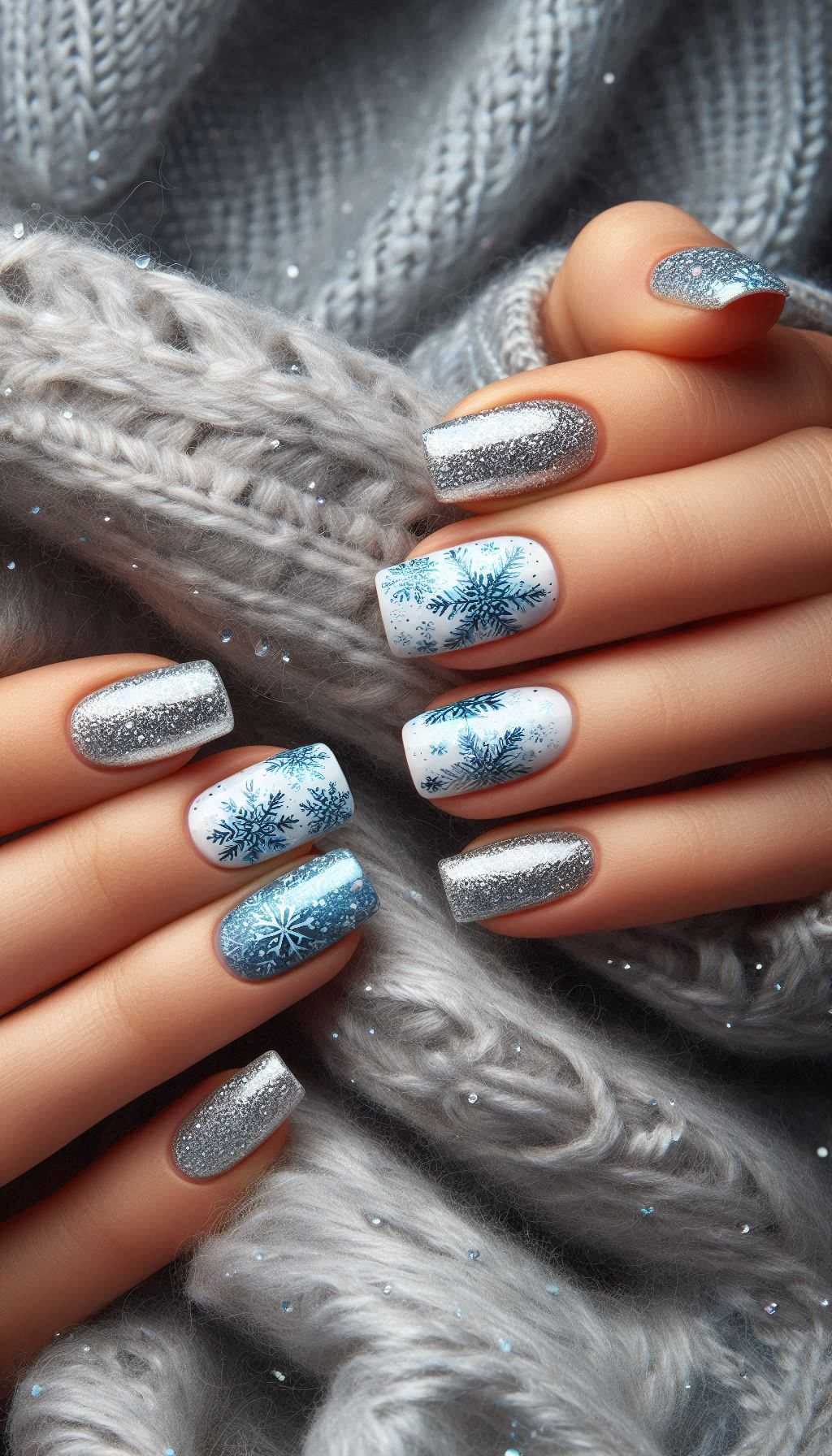 Shine bright this holiday season with snowflakes and glitter nails. Perfect for adding a touch of elegance and sparkle to your festive look!