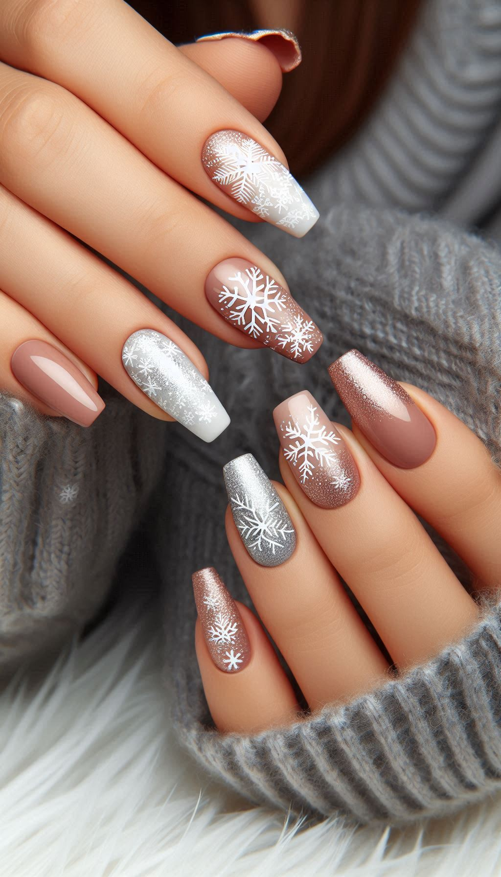 Deck your nails with snowflakes and glitter for a frosty, festive feel. These Christmas nails are sure to make you shine!