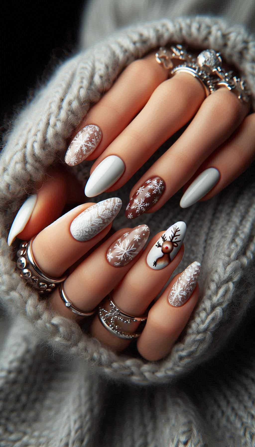 Combine whimsy and winter charm with snowflakes and reindeer nail art. Perfect for a festive and fun Christmas manicure!