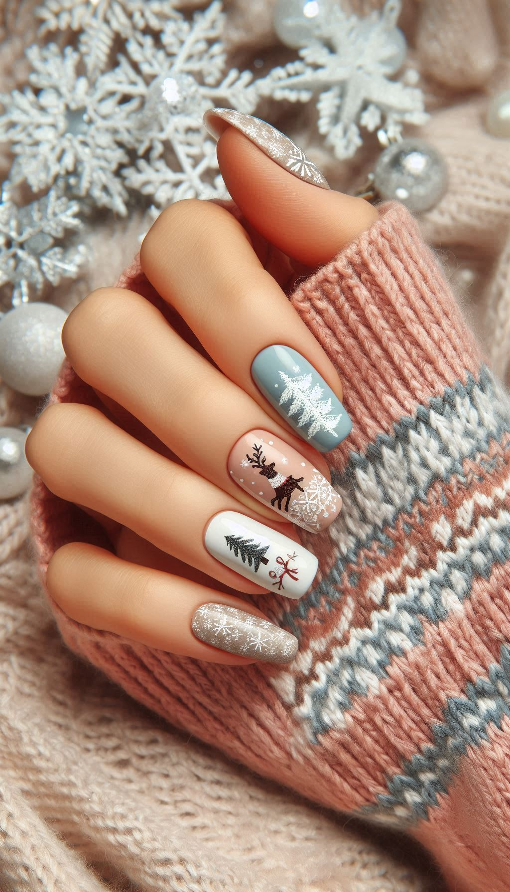 Bring the magic of the holidays to your nails with snowflakes and reindeer designs. These Christmas nails are a delightful mix of sparkle and cheer!
