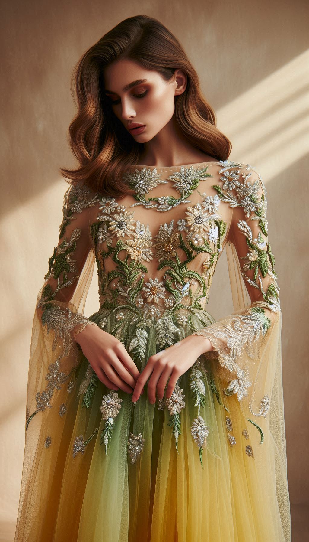 Bloom in style with a yellow dress adorned with green floral embroidery. Perfect for making a sunny statement!