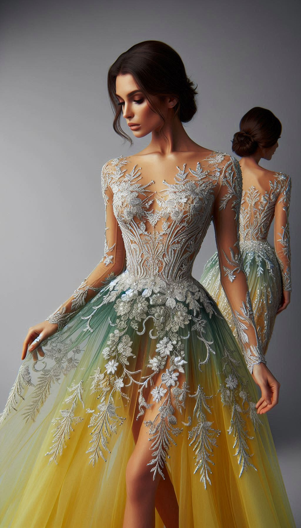 Bloom in style with a yellow dress adorned with green floral embroidery. Perfect for making a sunny statement!