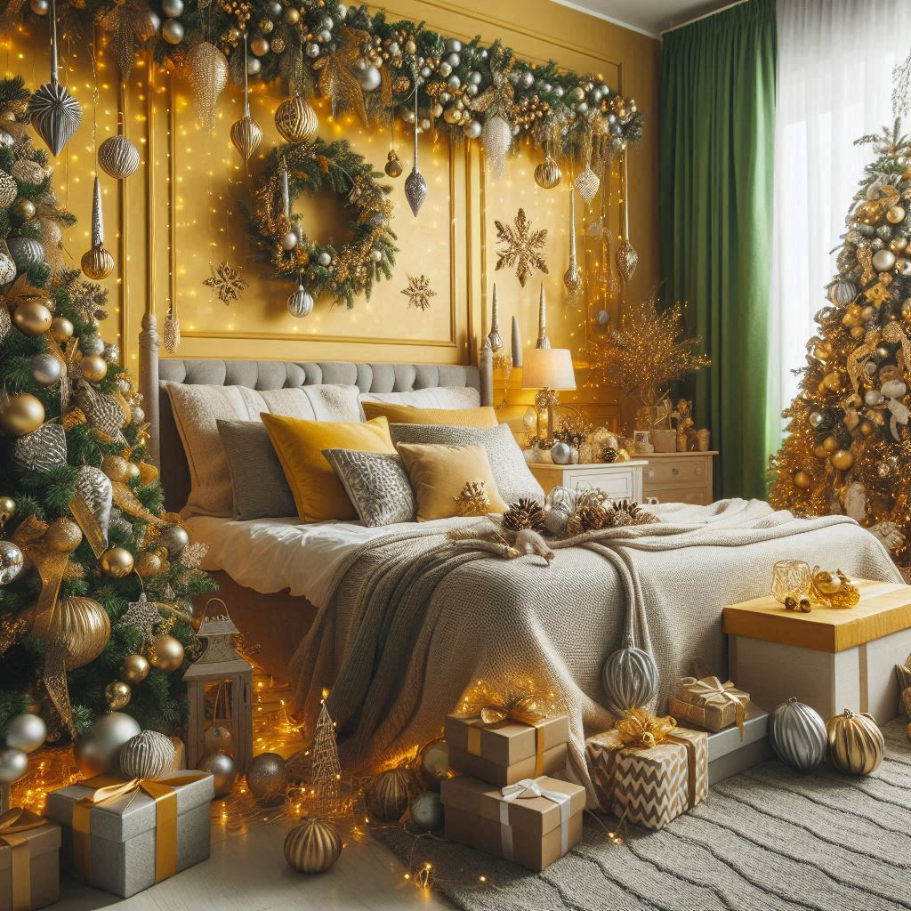 Brighten your bedroom with sunny yellow Christmas decorations. Perfect for a cheerful and festive holiday look!