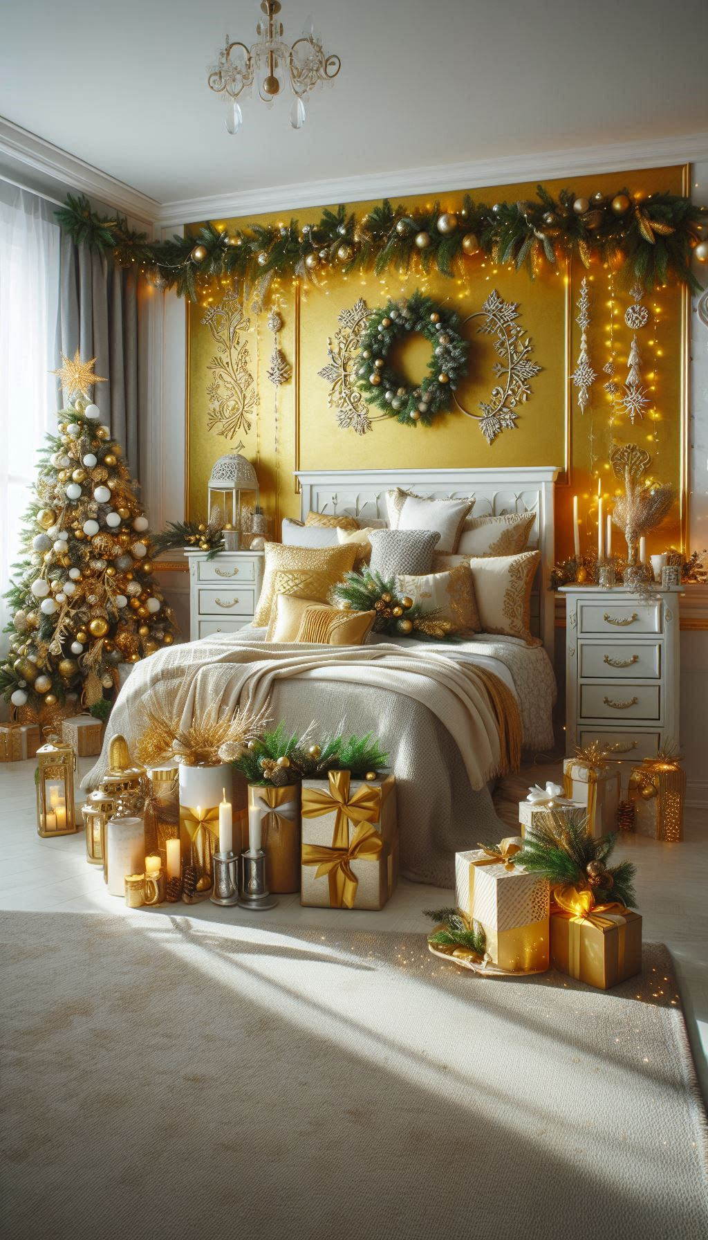 Transform your bedroom with vibrant yellow Christmas decorations. A bright and cheerful twist on holiday decor!