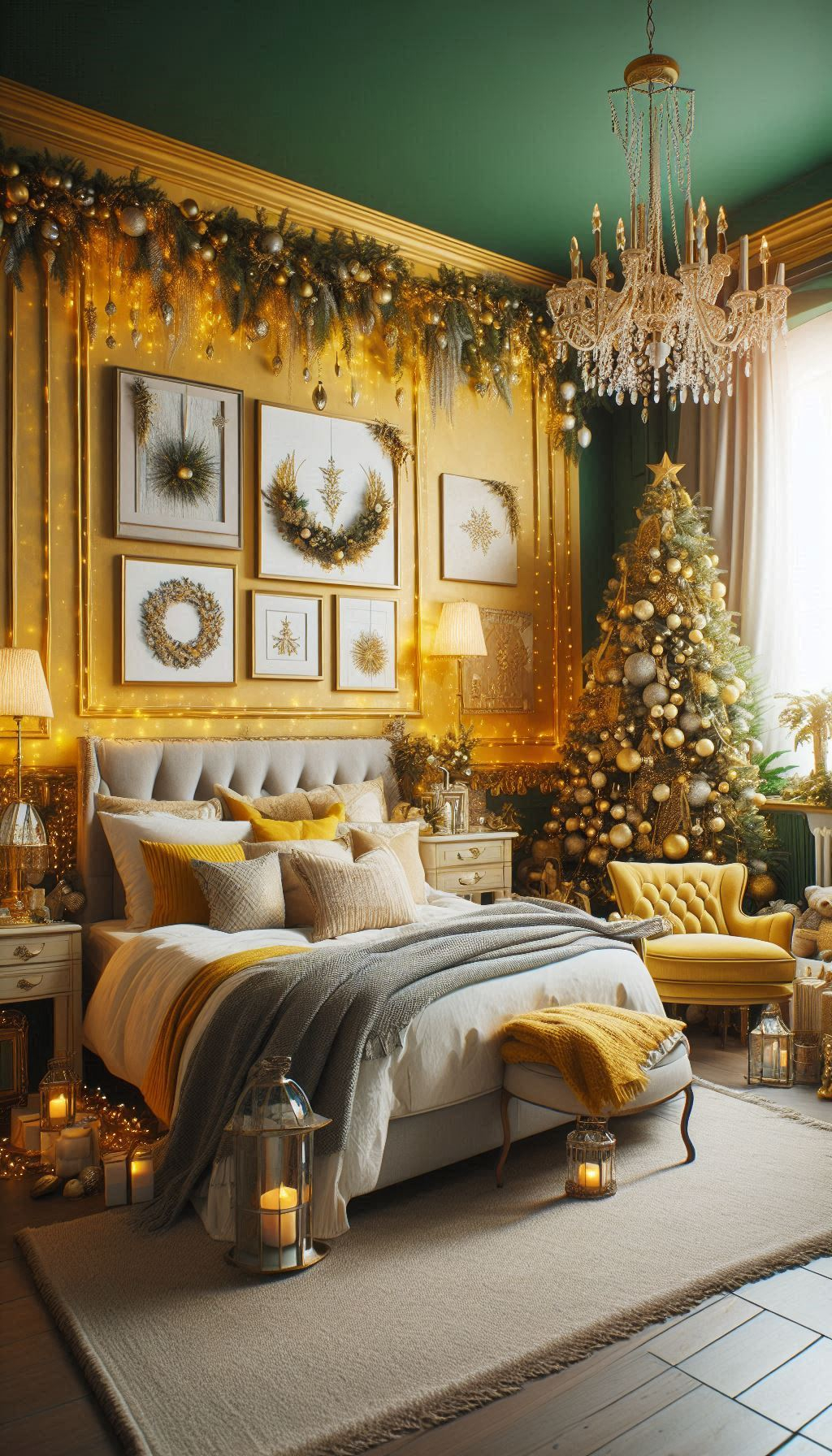 Deck your bedroom in yellow for a bright and cheerful holiday look. Festive, cozy, and wonderfully warm!