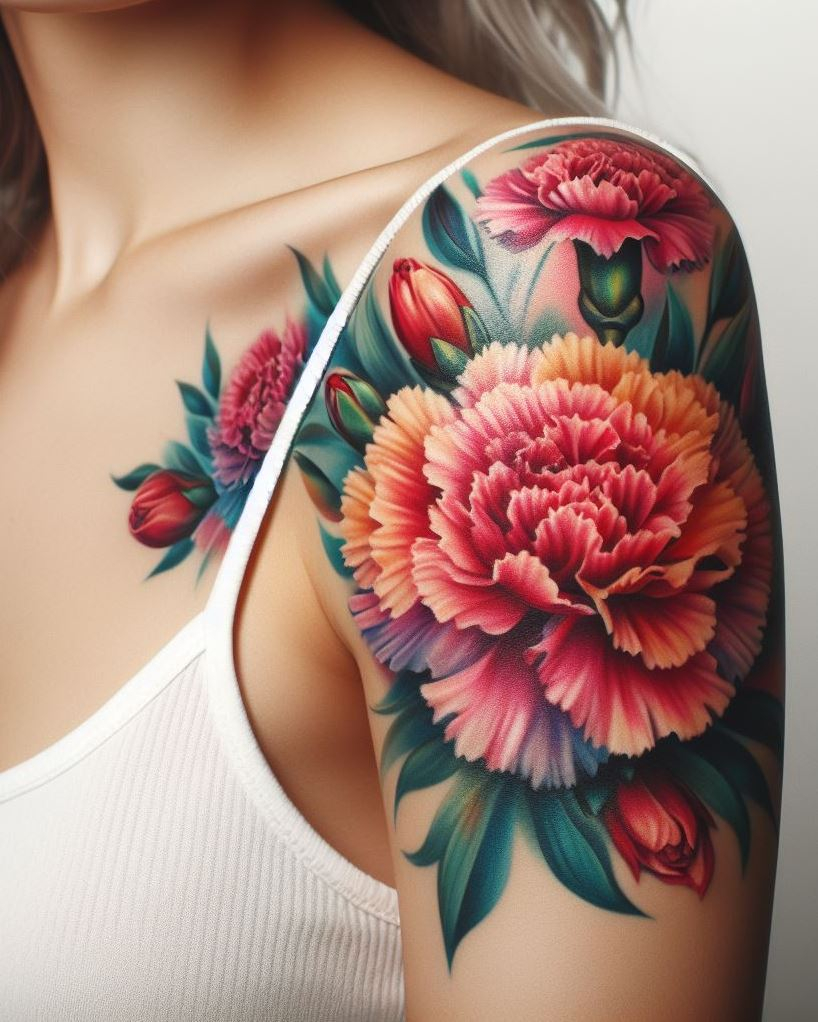 January-born? Adorn yourself with a vibrant carnation bouquet tattoo. These lovely flowers capture the essence of winter's delicate charm!
