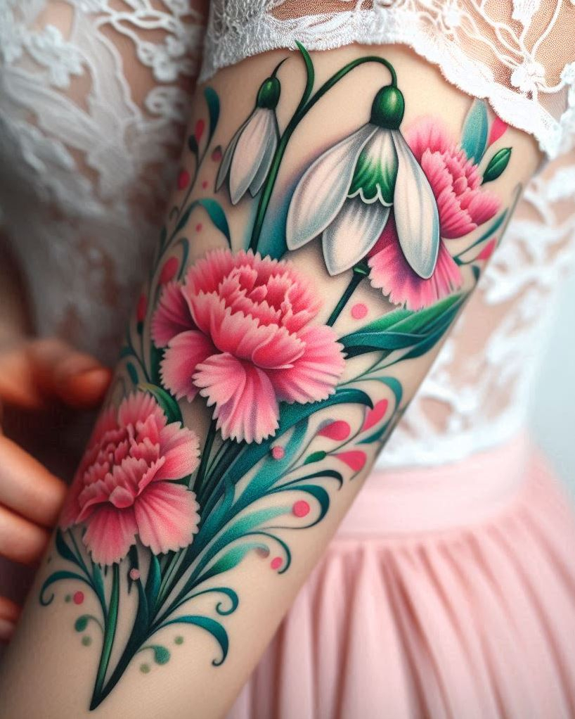 January-borns, embrace the best of both worlds with snowdrop and carnation tattoos. These blooms capture the delicate beauty and timeless charm of your birth month!