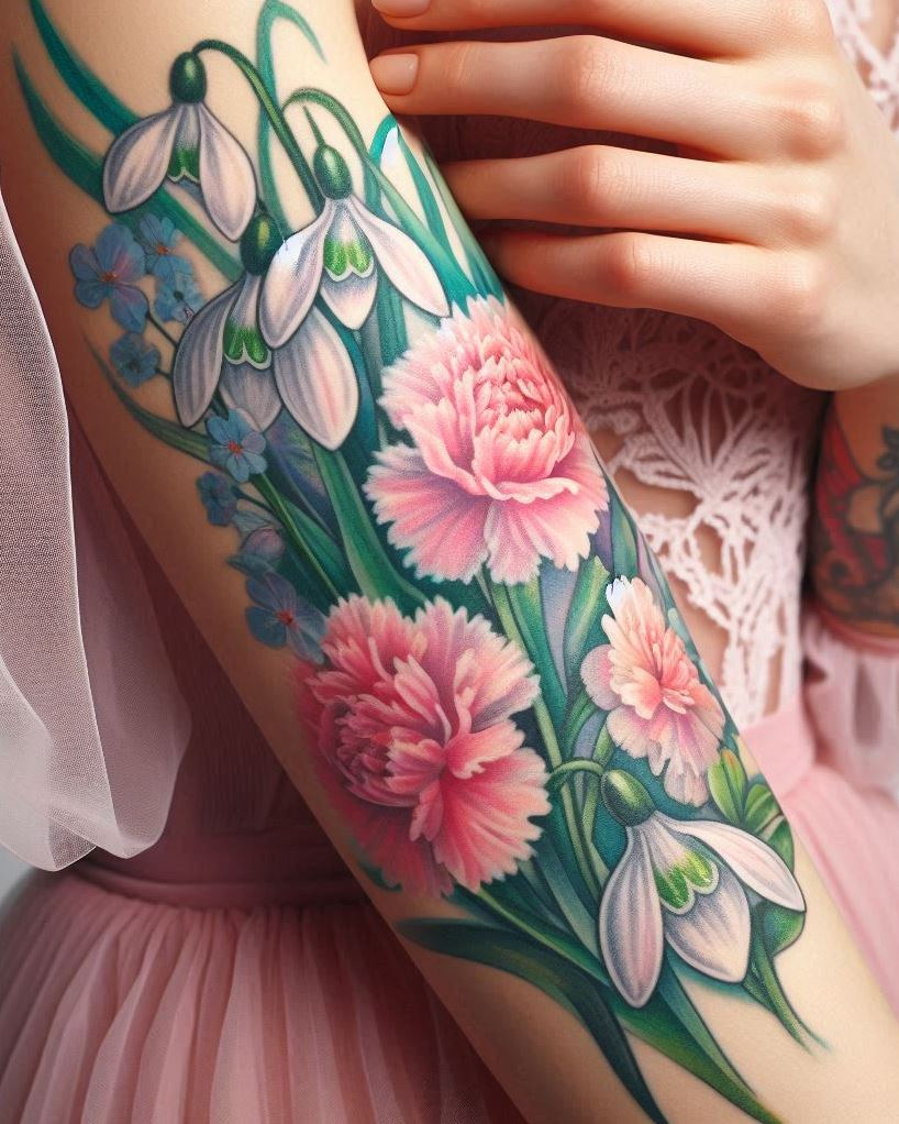 Mix it up with snowdrop and carnation tattoos for January. This floral combination represents purity and admiration, making it a stunning tribute to your special month!
