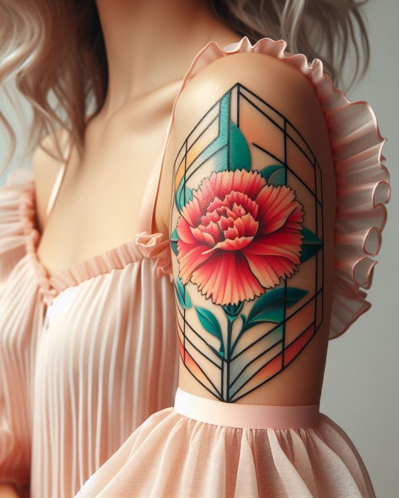 January-born? Adorn your skin with a geometric carnation tattoo. This unique style adds a modern twist to a timeless flower, capturing the spirit of winter!