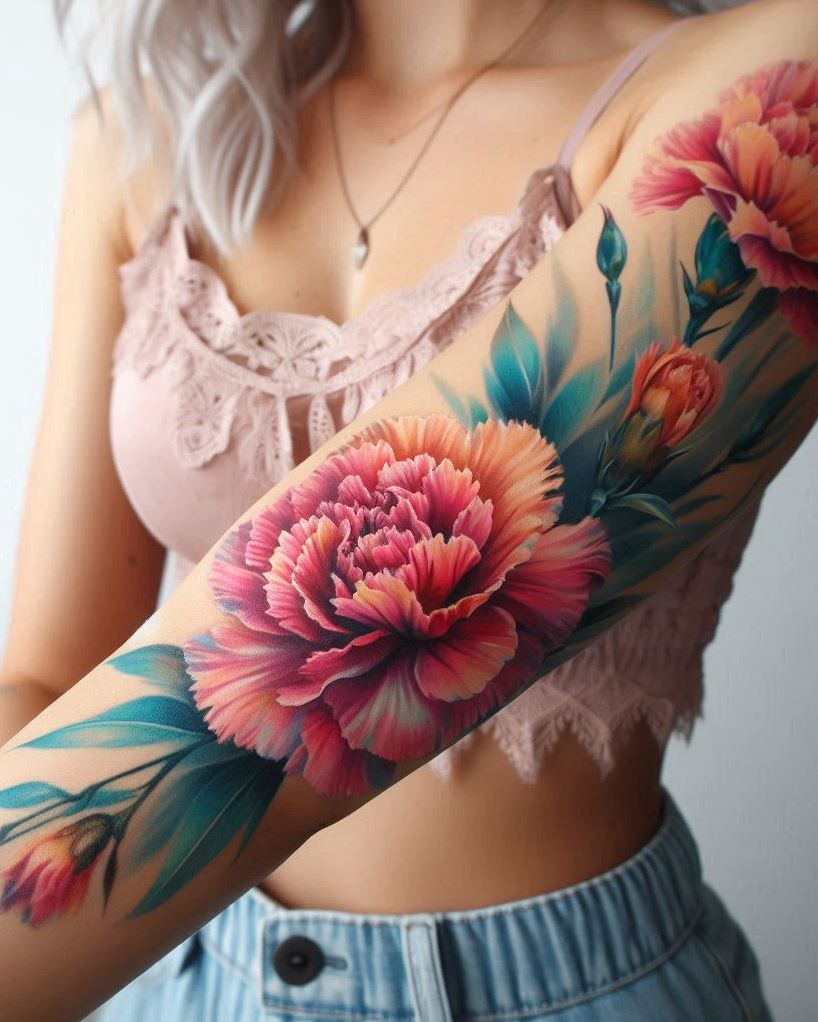 Celebrate your January birth with a vibrant watercolor carnation tattoo. These blooms burst with color, symbolizing love and admiration in the most artistic way!